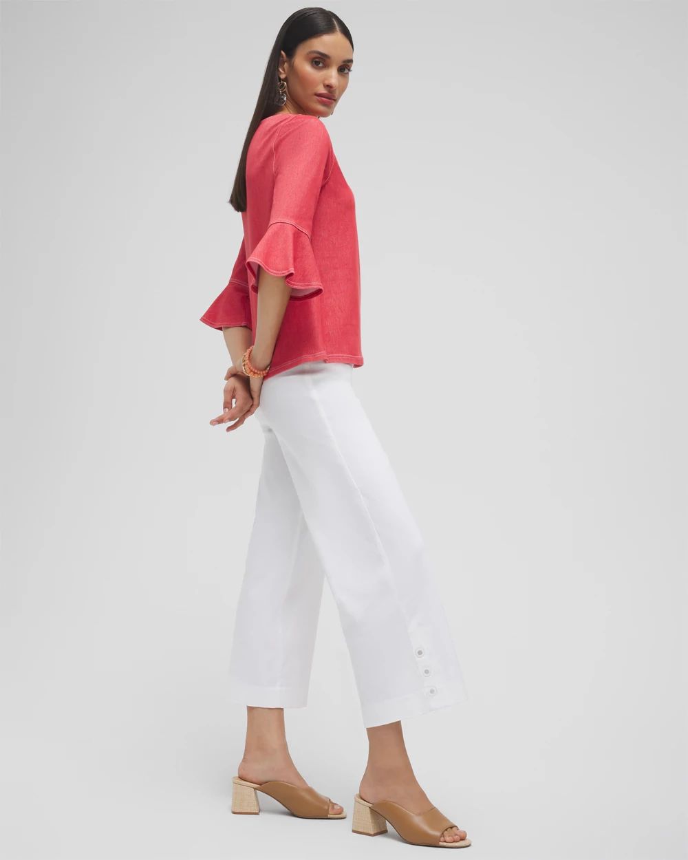 Faux Denim Trumpet Sleeve Top