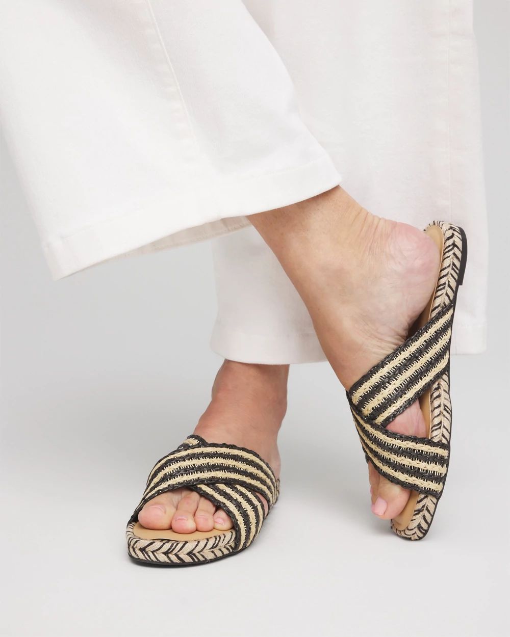 Striped Raffia Cross-Strap Slide Sandal