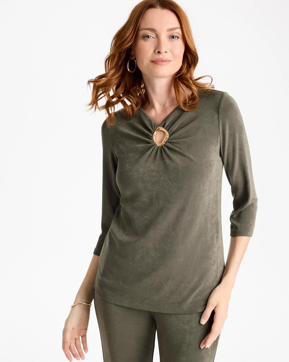 Chico's Travelers™ V-neck 3/4 Sleeve Top In Mossy Grove
