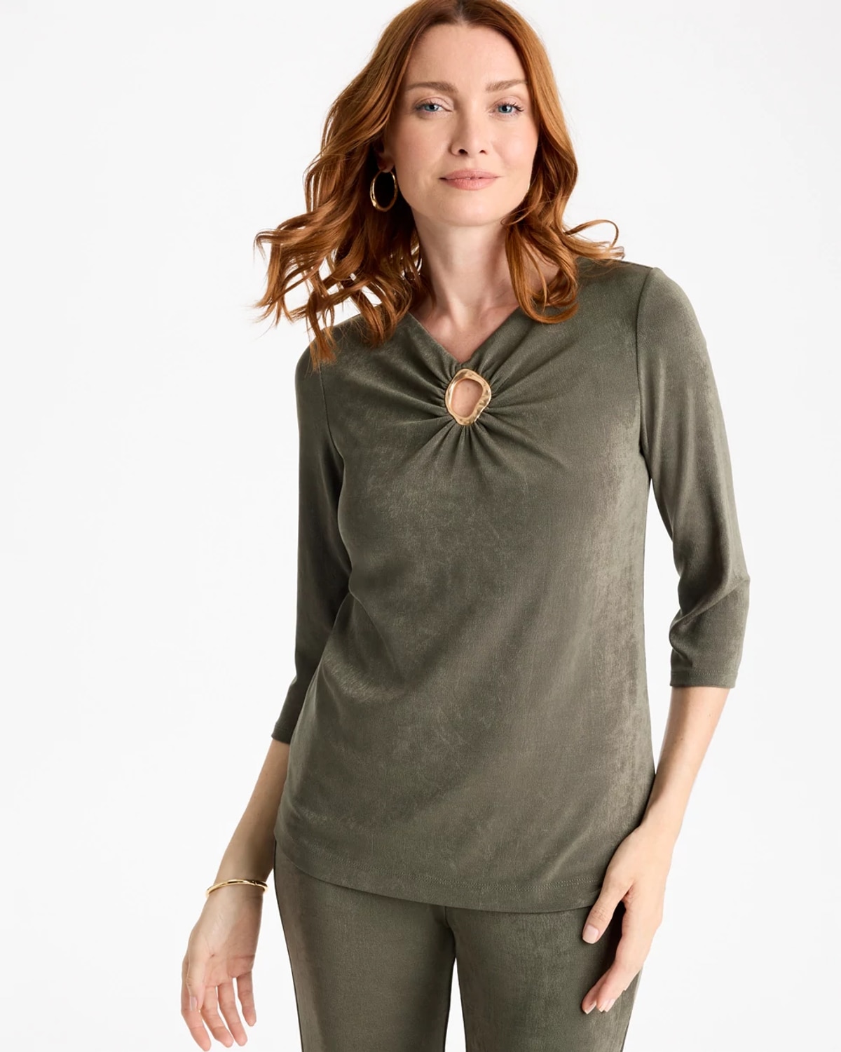 Chico's Travelers™ V-neck 3/4 Sleeve Top In Mossy Grove