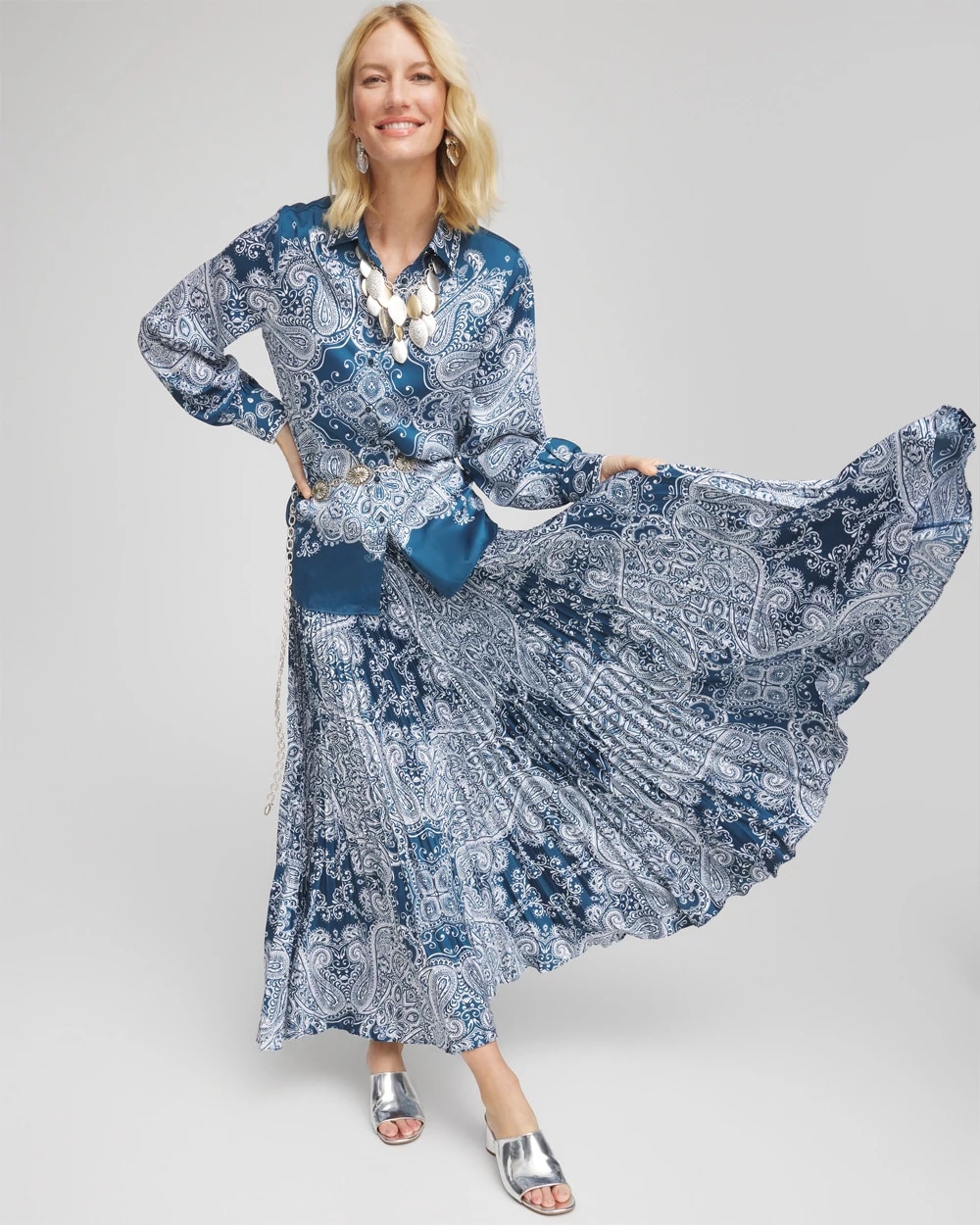 Faux Silk Tile Print Midi Skirt