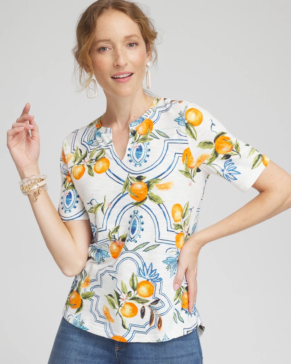 Tropical Print Notch Neck Tee
