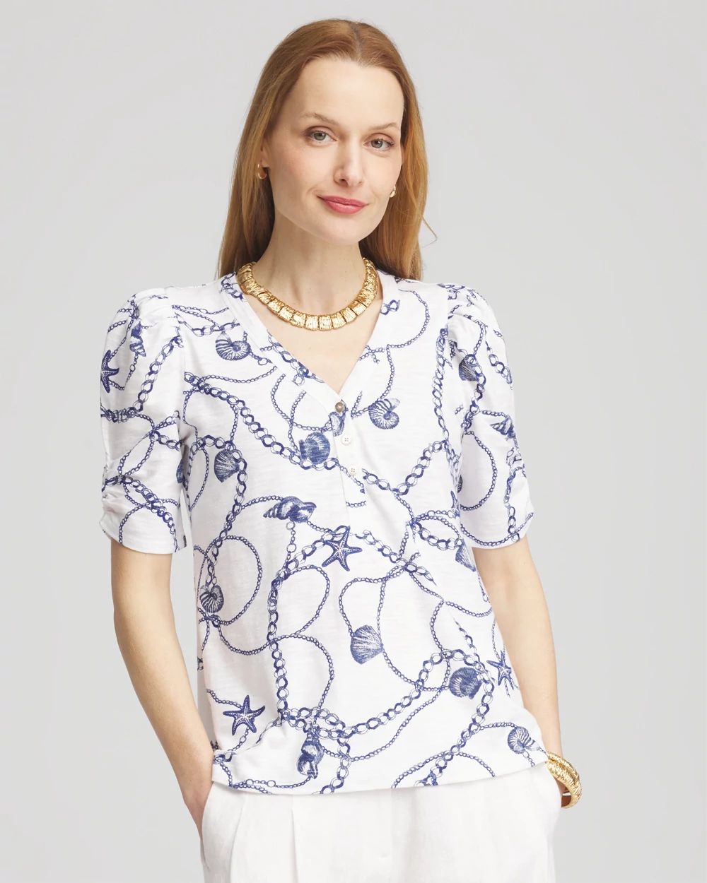 Seashell Slub Shirred-Sleeve Henley Tee