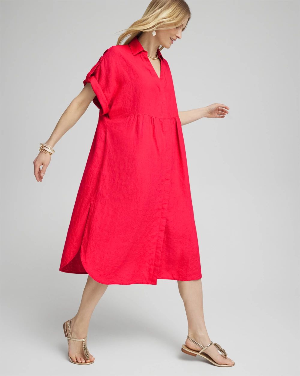 Linen Roll Tab Dolman Midi Dress