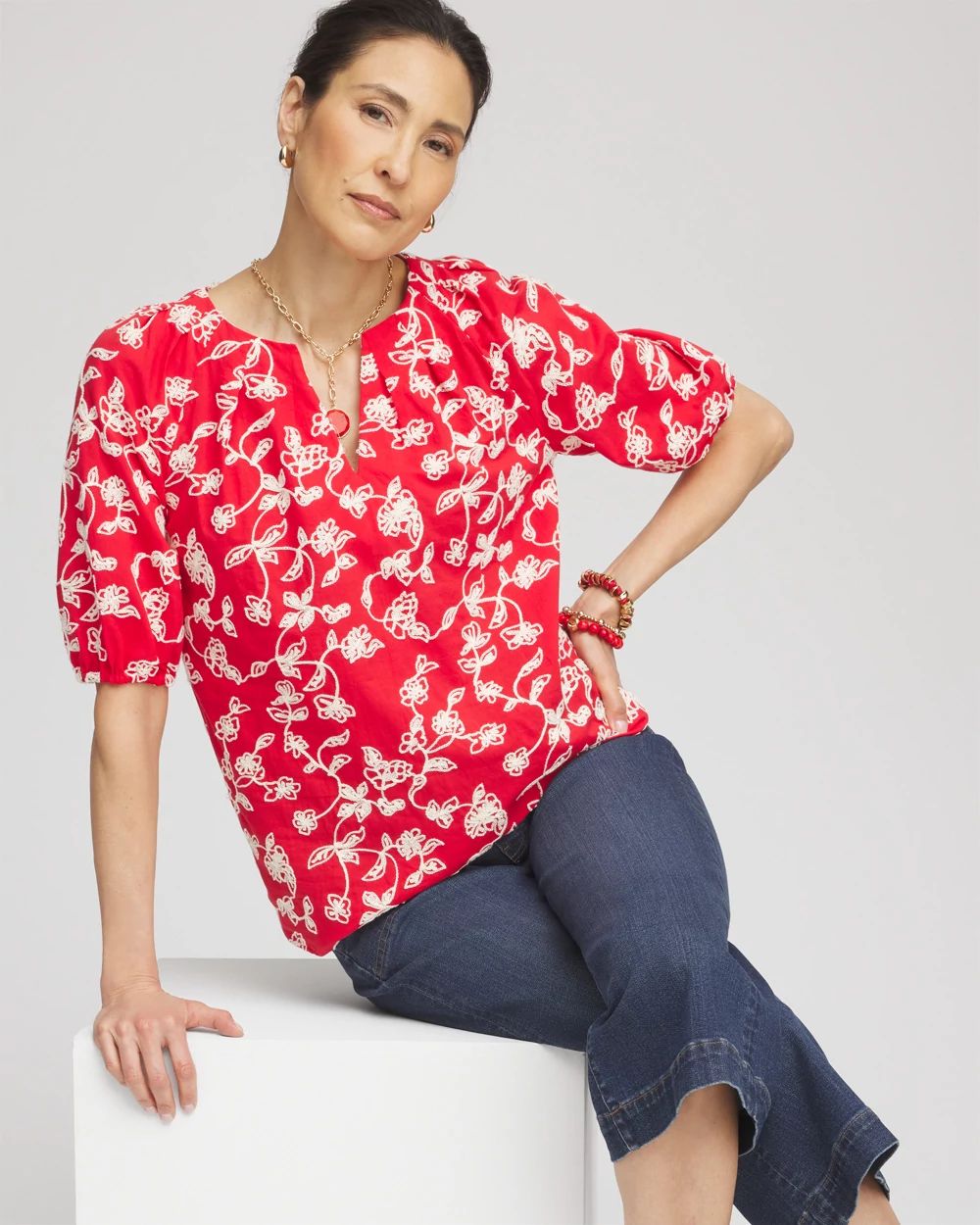 Floral Embroidered Cotton Peasant Blouse