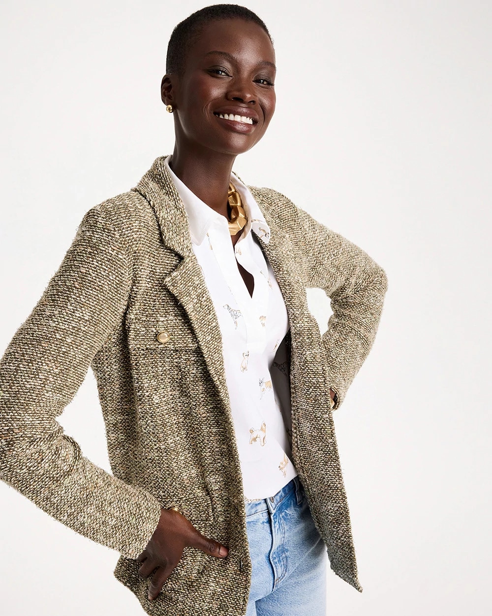 Tweed Long-Sleeve Sweater Blazer