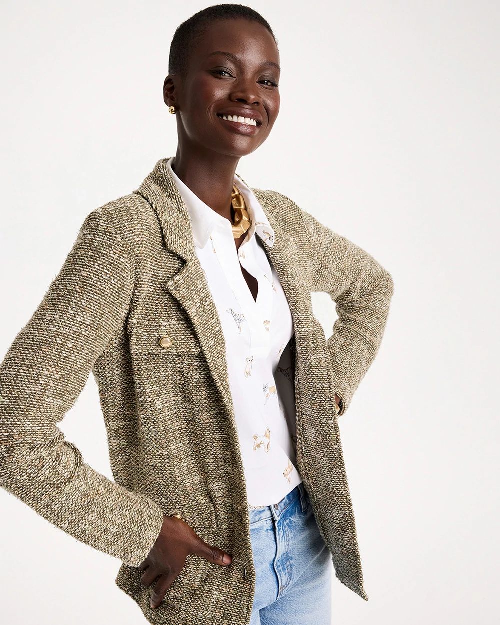 Tweed Long-Sleeve Sweater Blazer