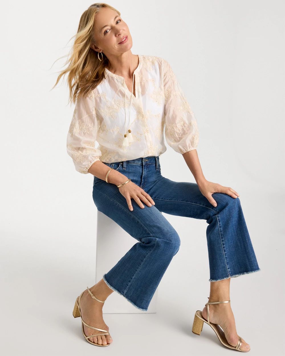 Embroidered Tassel Tie-Front Top