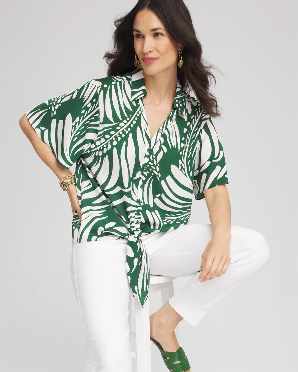 Palm Print Tie-Front Silky Top