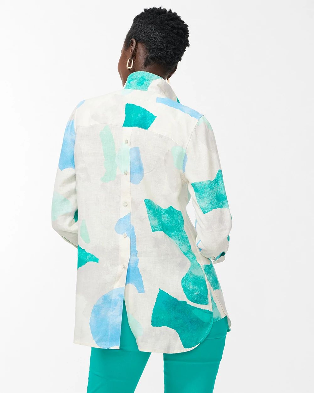 No Iron Linen Print Button Back Tunic