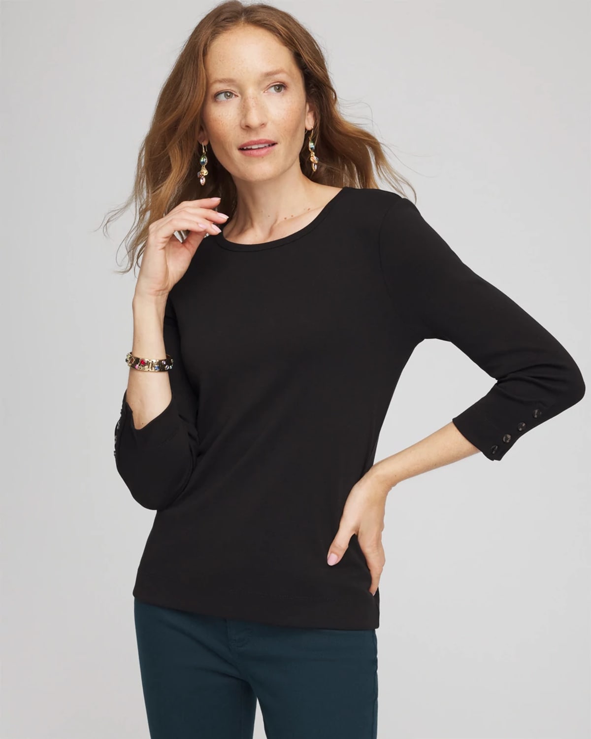 Chico's Pima Cotton Crewneck Button Tee In Black In Animal Print