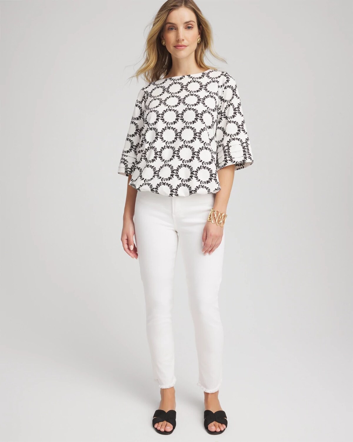 Chico's Geo Print Boatneck Bubble-hem Top In White In Sand