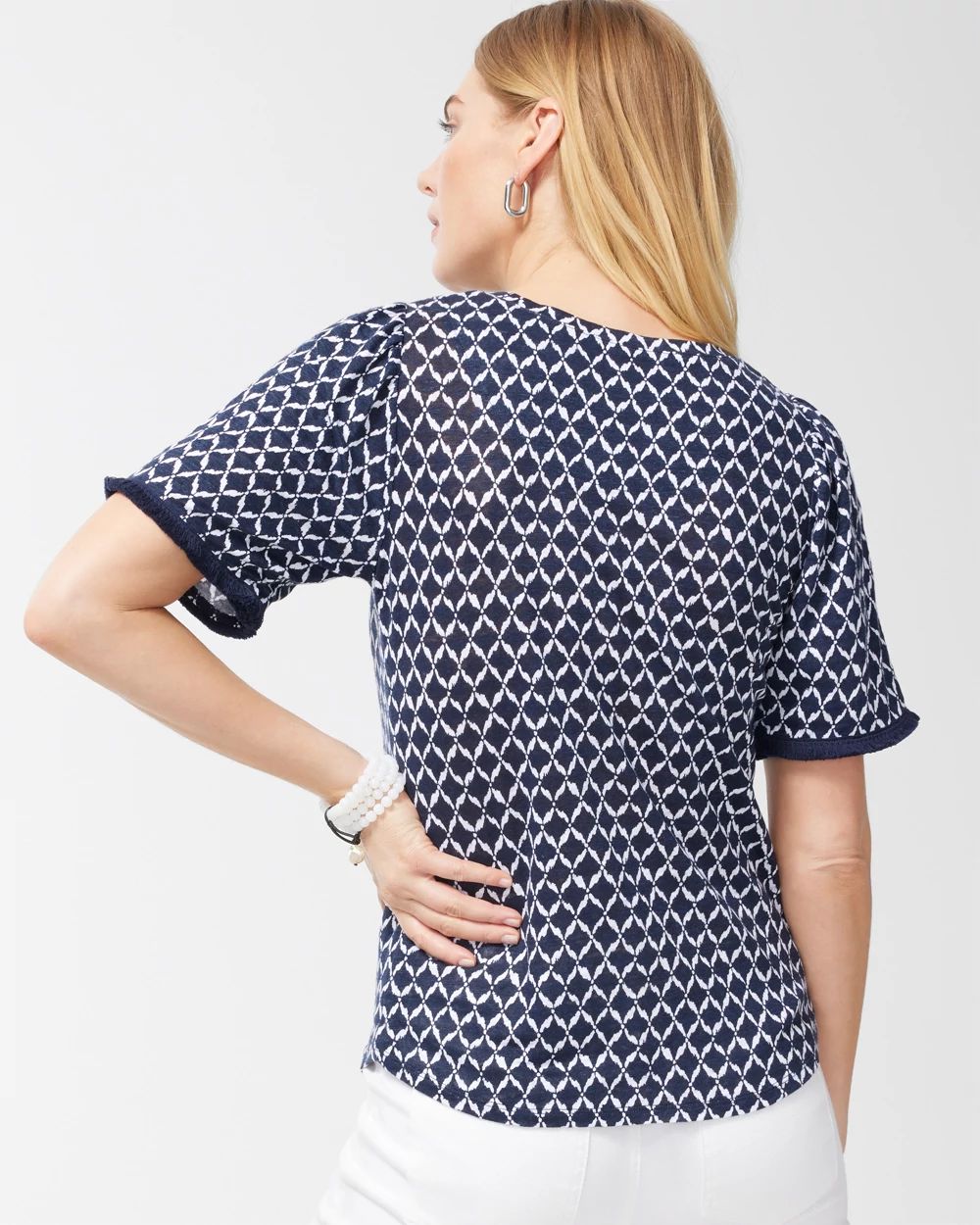 Linen Ikat Print Fringe Sleeve Tee