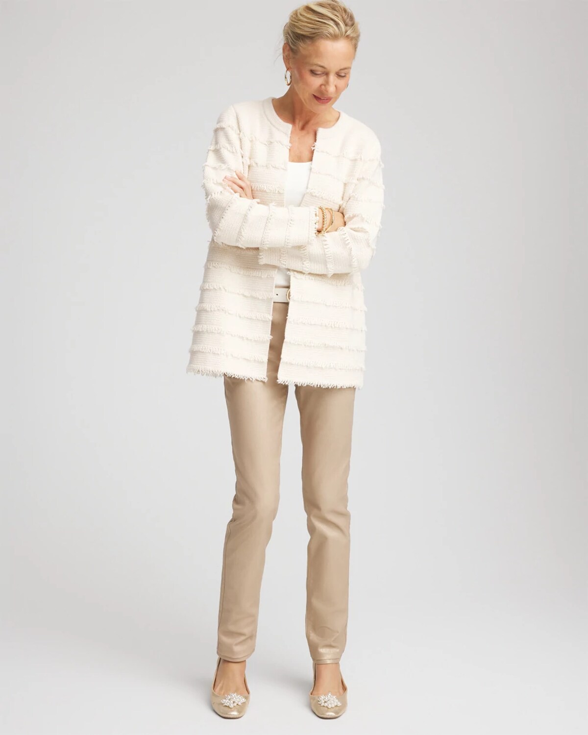 Chico's Fringe Ottoman Knit Cardigan Sweater In Cream In White