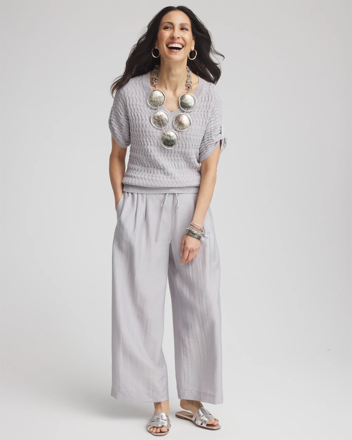 Chico's Sequin V-neck Pullover Sweater In Denim In Gray