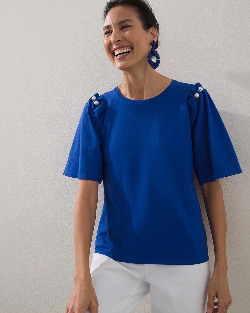 Pima Faux Pearl Pleat Sleeve Tee