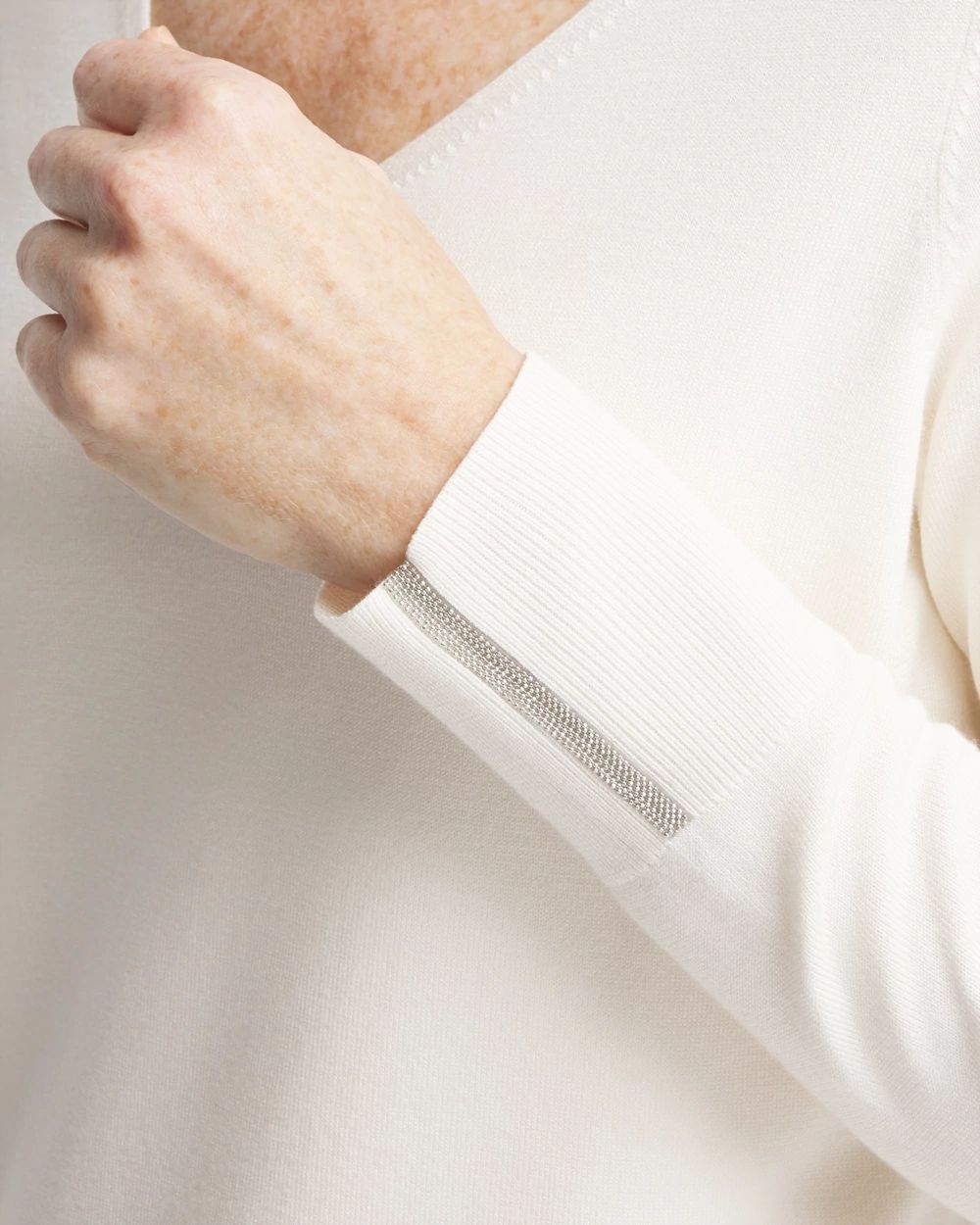 Caviar Trim V-Neck Pullover Sweater