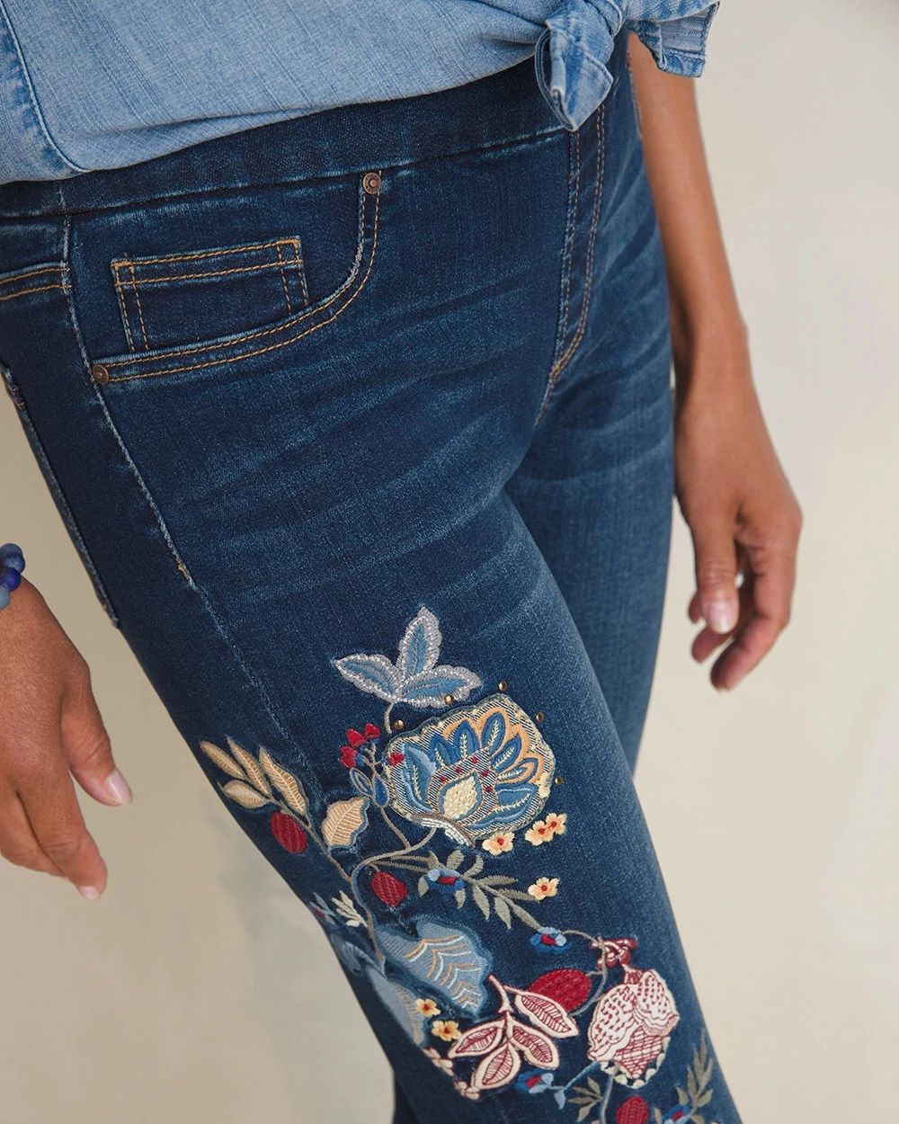Embroidered and Appliqued Denim Pull-On Ankle Jeggings