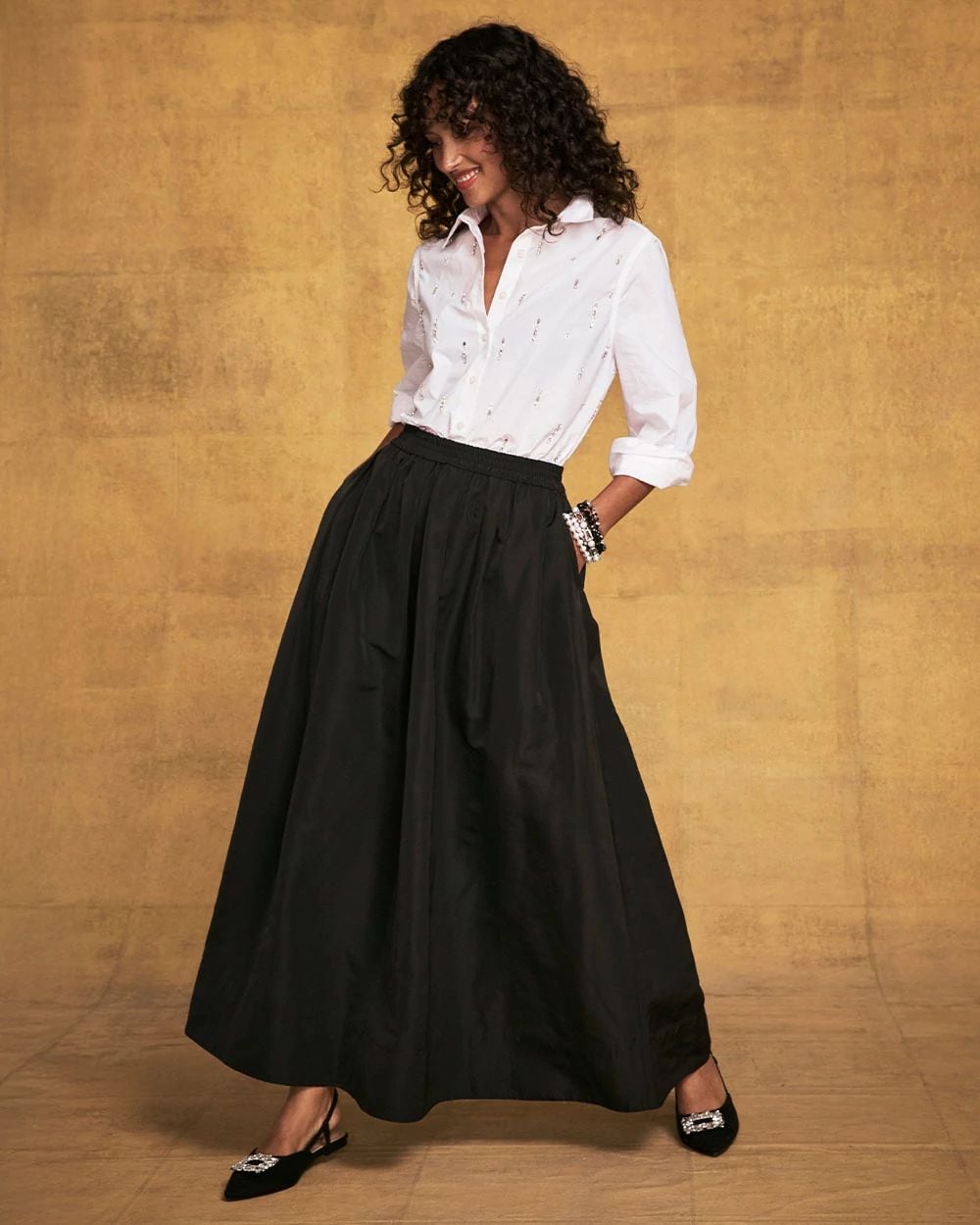 Pleated Taffeta Maxi Skirt