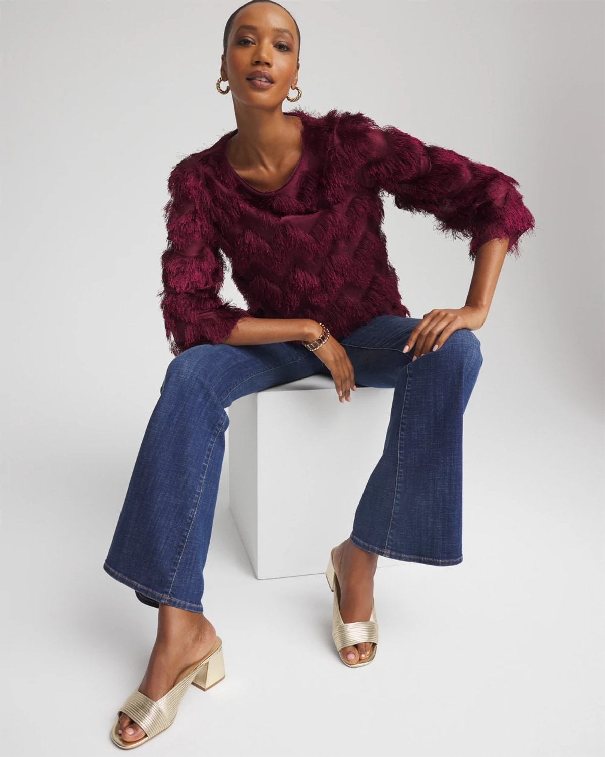 Chico's Chevron Fringe Party Top In Deep Chianti In Burgundy