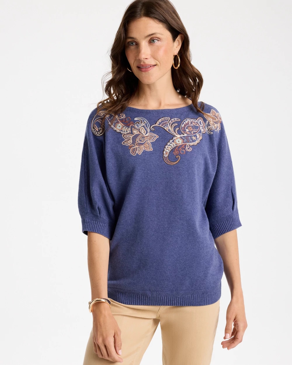 Chico's Cotton Embroidered Dolman Sweater In Storm Blue