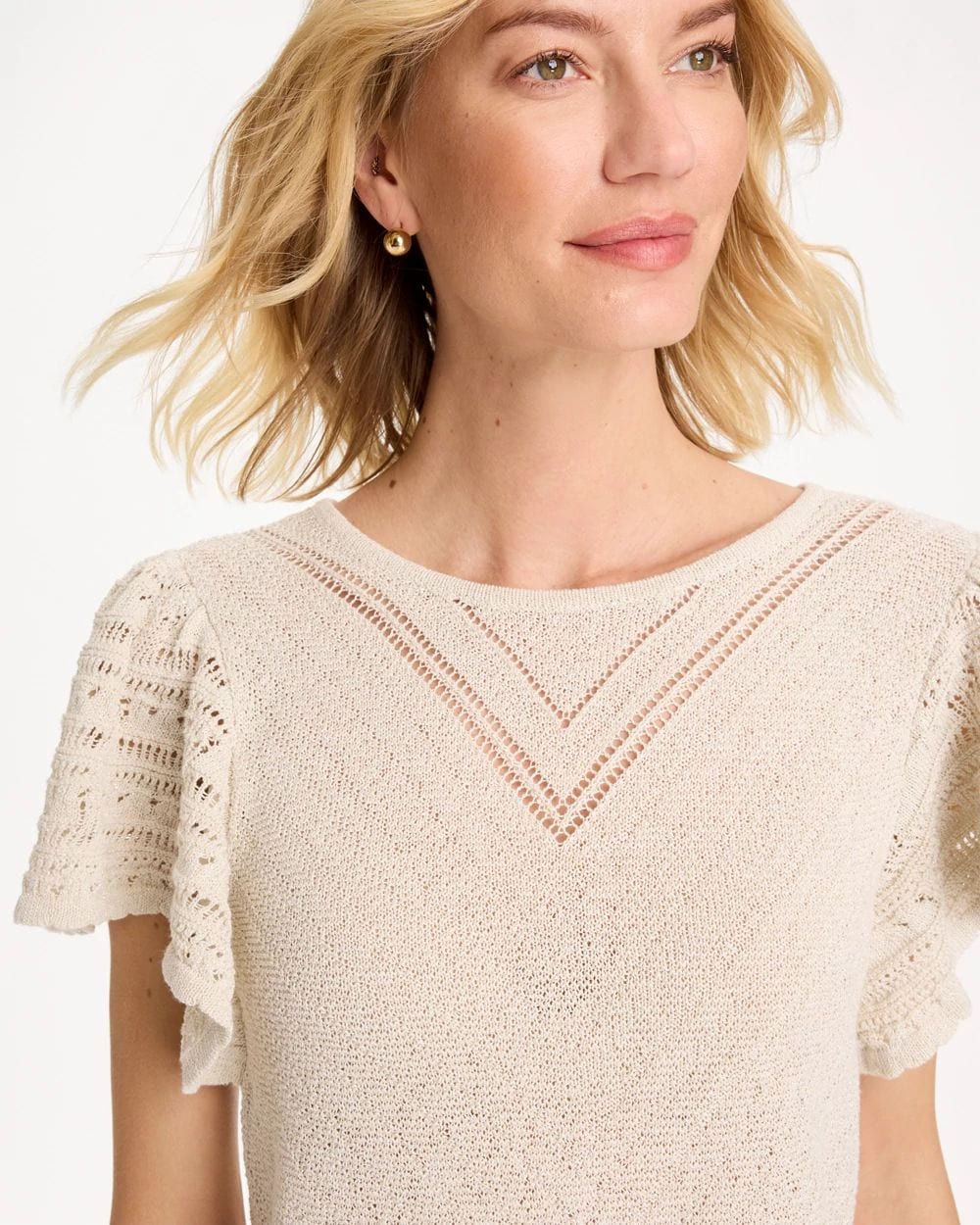 Pointelle Metallic Flutter-Sleeve Pullover click to view larger image.