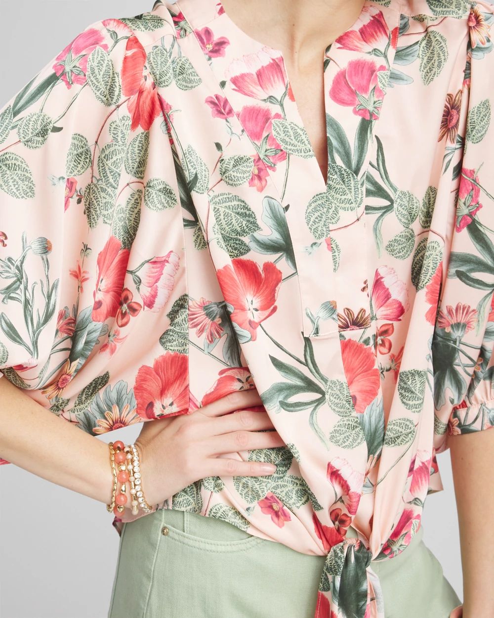 Floral Satin Tie-Front Pullover Top