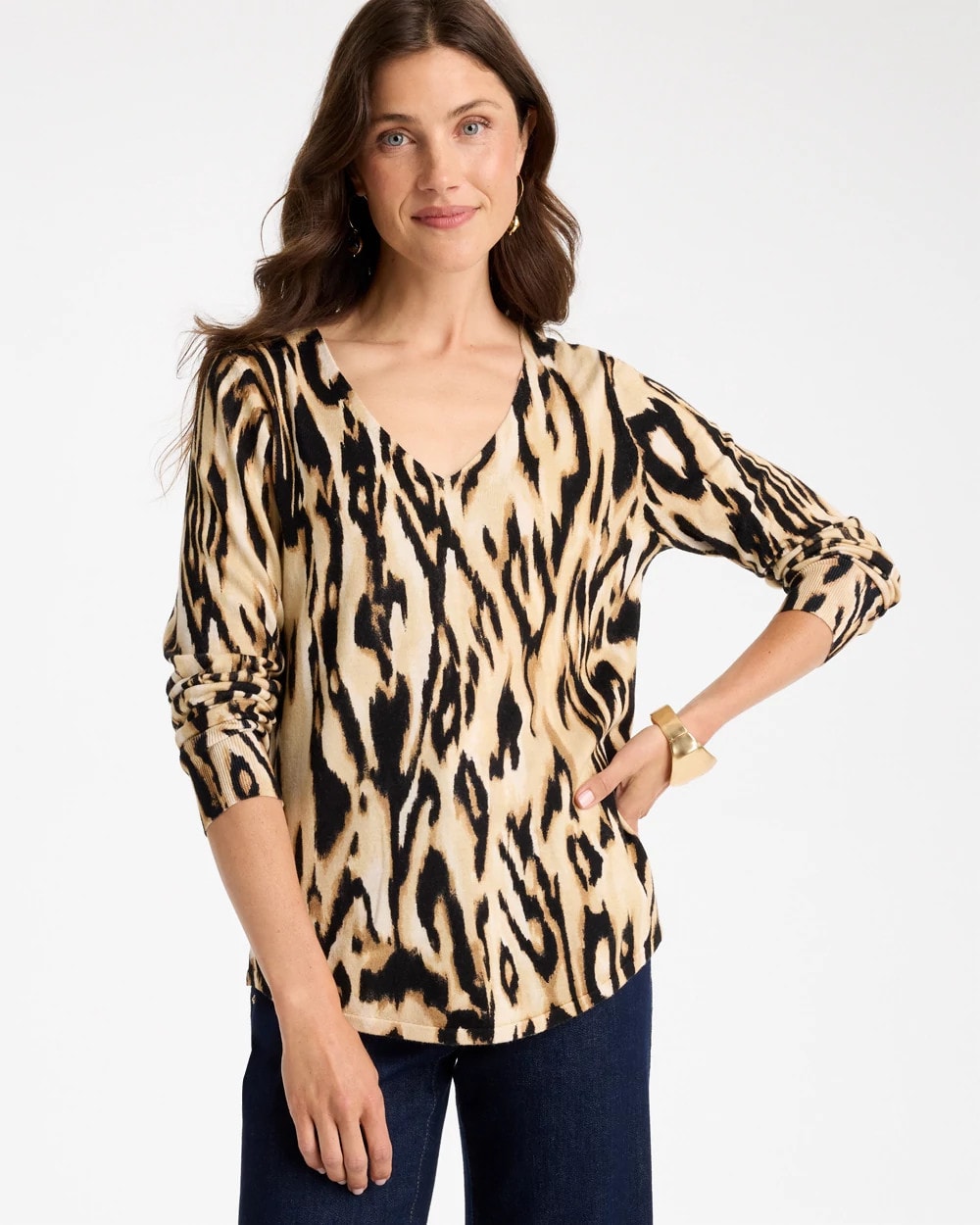 Chico's Ella Ikat Print V-neck Pullover Sweater In Black