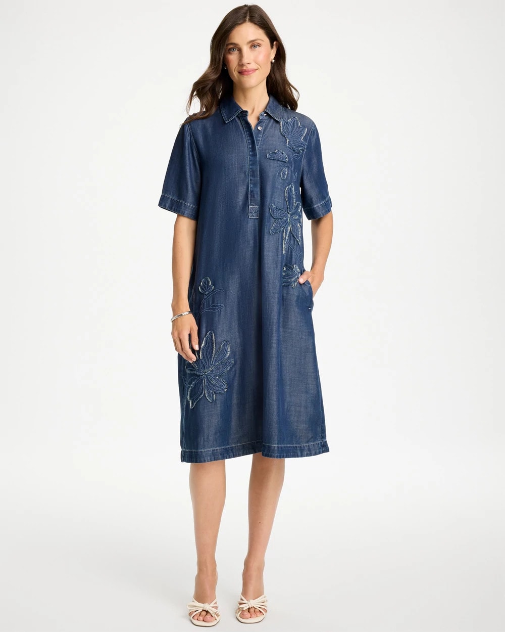 Embellished Denim Knee Length Dress