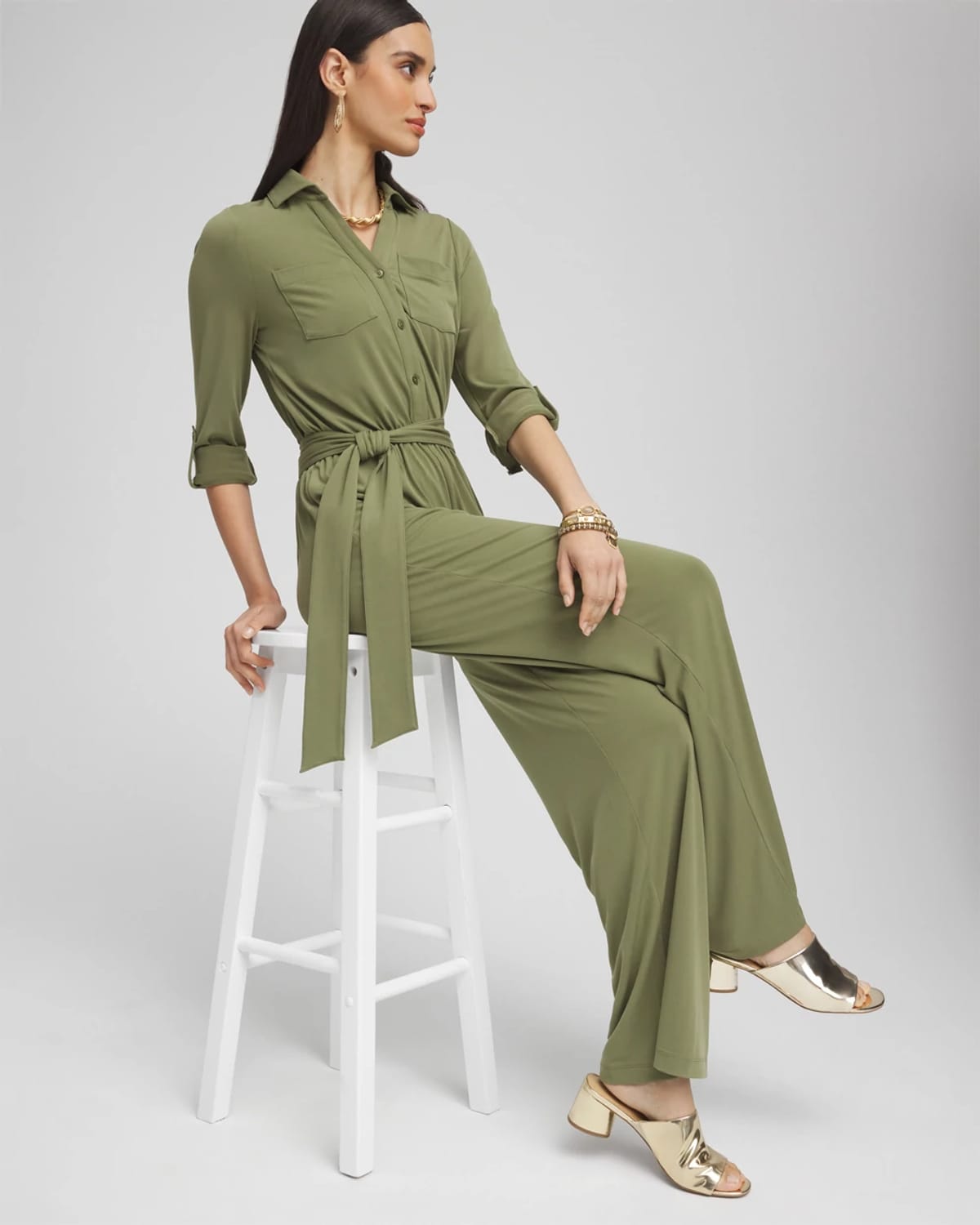 Chico's Belted Jersey Maxi Jumpsuit In Green
