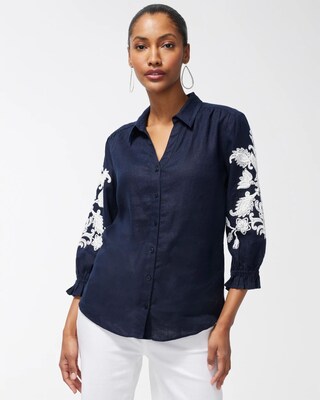 Linen Embroidered Ruffle Sleeve Shirt