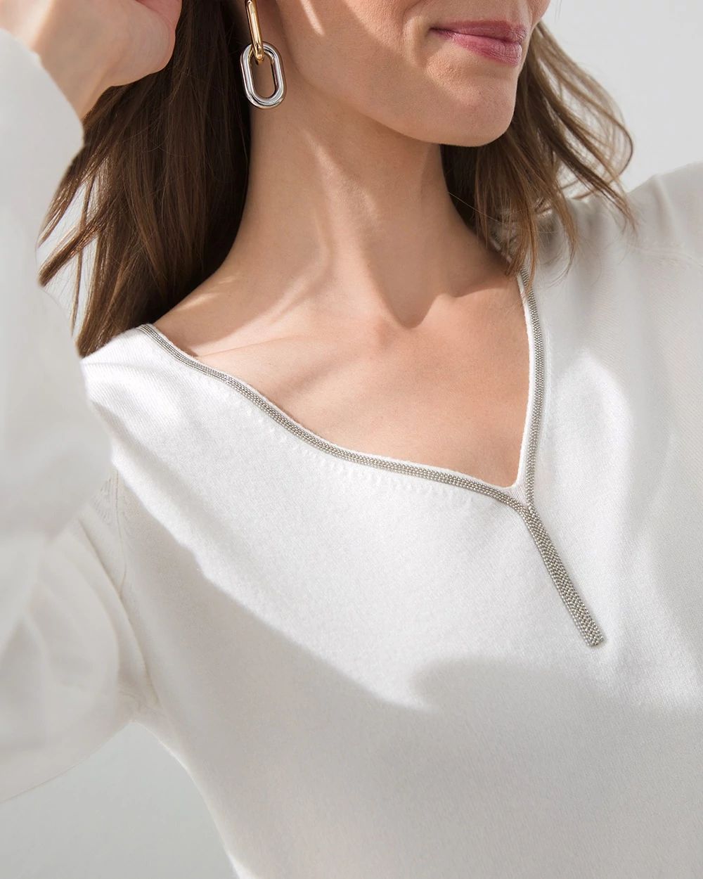 Caviar Trim V-Neck Pullover Sweater