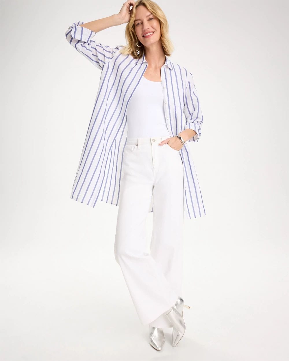 Linen Metallic Striped Duster Shirt