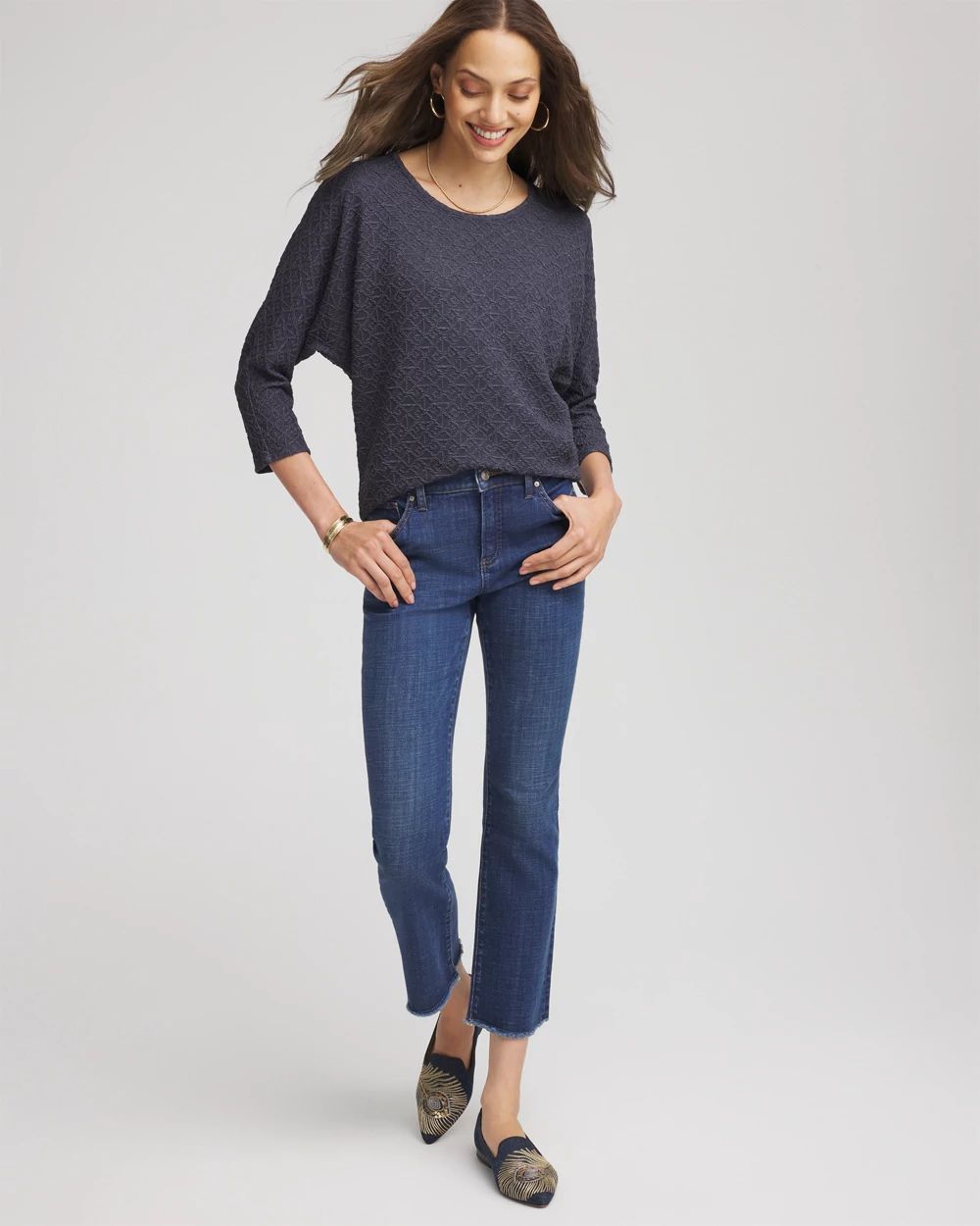 Textured Denim-Motif Tapered-Hem Top