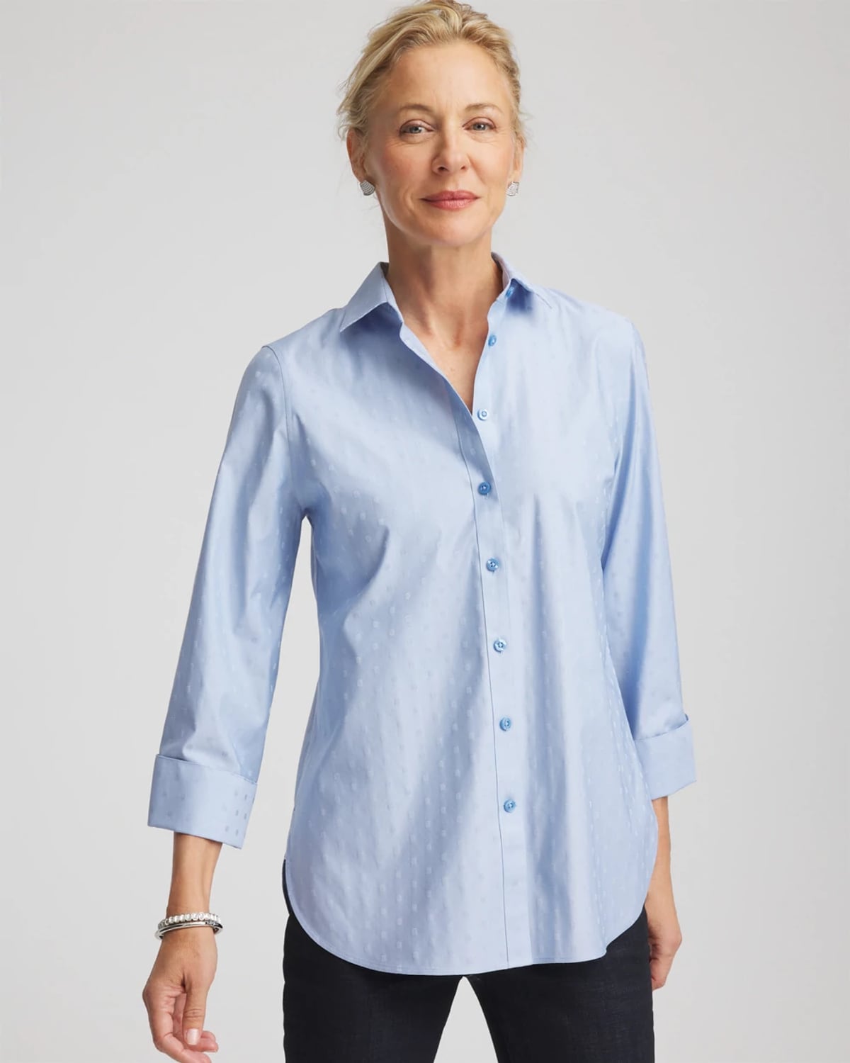 Chico's No Iron Striped Jacquard Sateen Shirt In Tidal Blue
