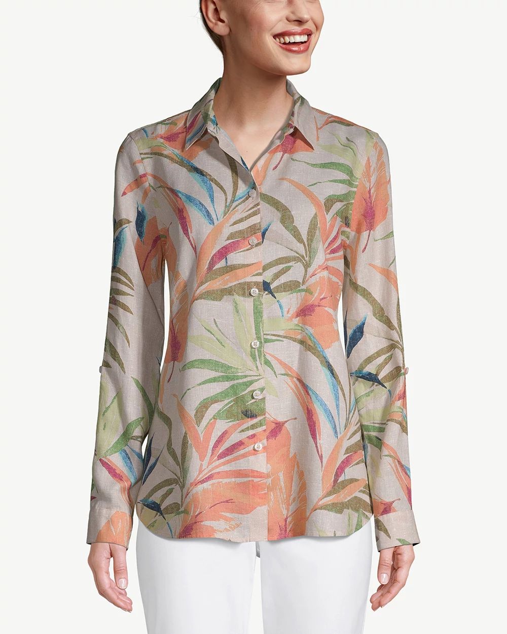 No-Iron Linen Palm-Print Roll-Tab Sleeve Shirt