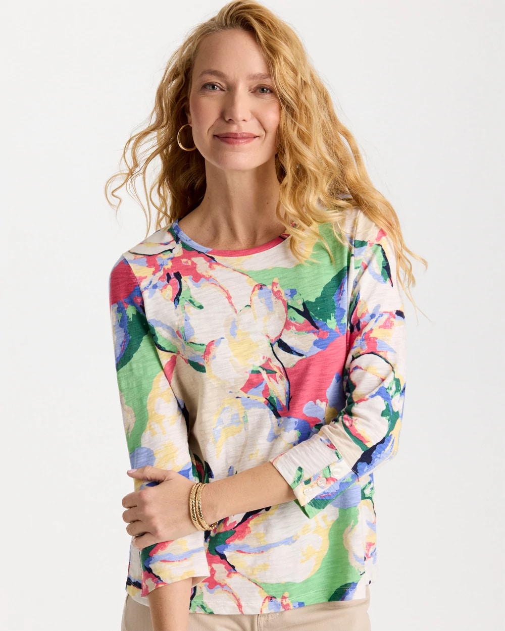 Printed Cotton Slub 3/4 Sleeve Button Tee