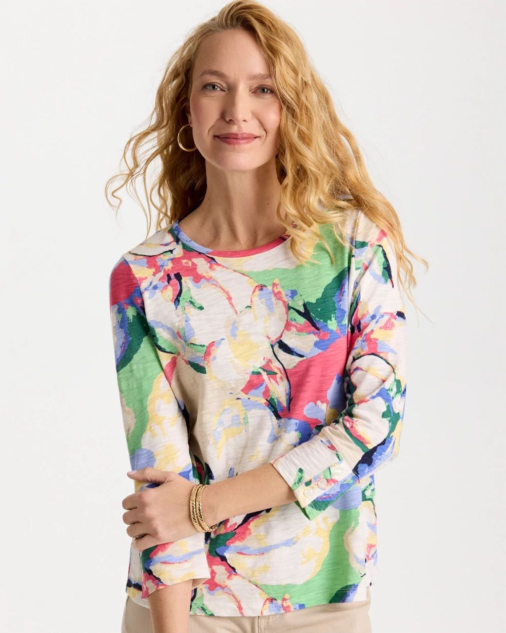 Printed Cotton Slub 3/4 Sleeve Button Tee