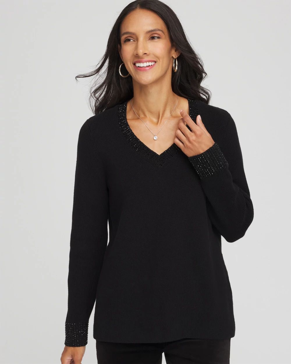 Embellished V-Neck Pullover Sweater