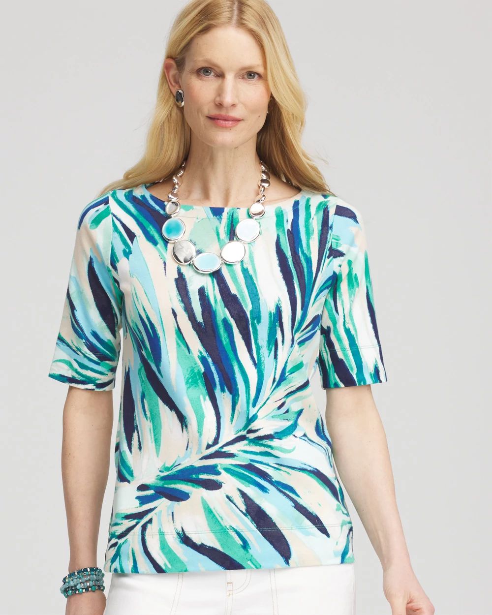 Palm Print Pima Cotton Bateau-Neck Tee