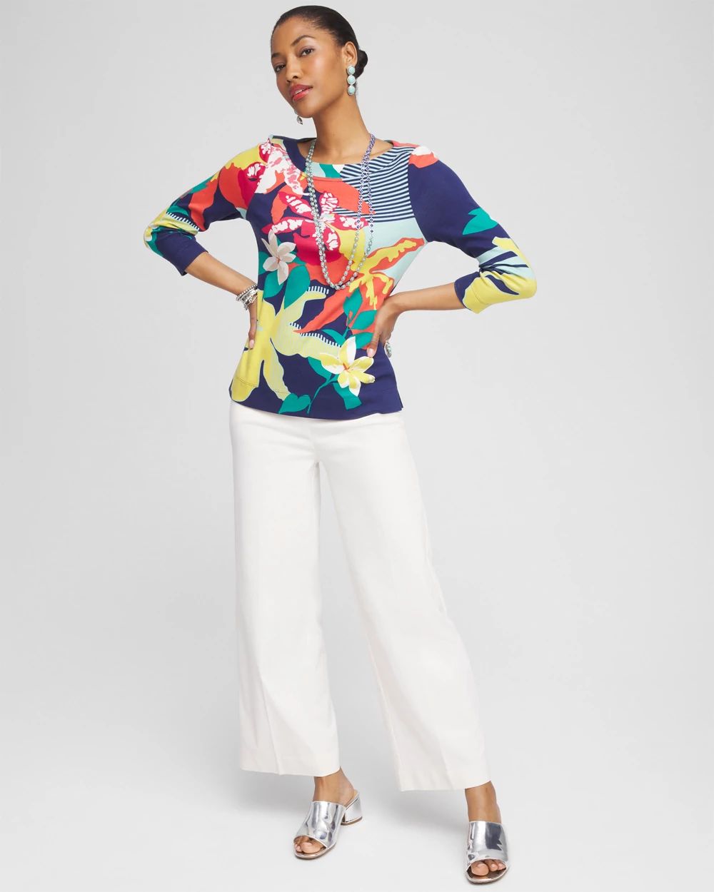 Floral 3/4 Sleeve Bateau Neck Tee