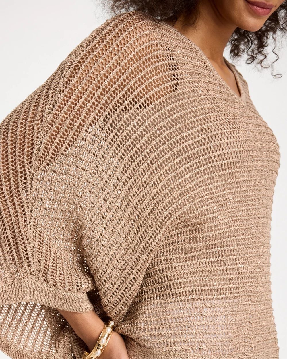 V-Neck Metallic Knit Poncho click to view larger image.
