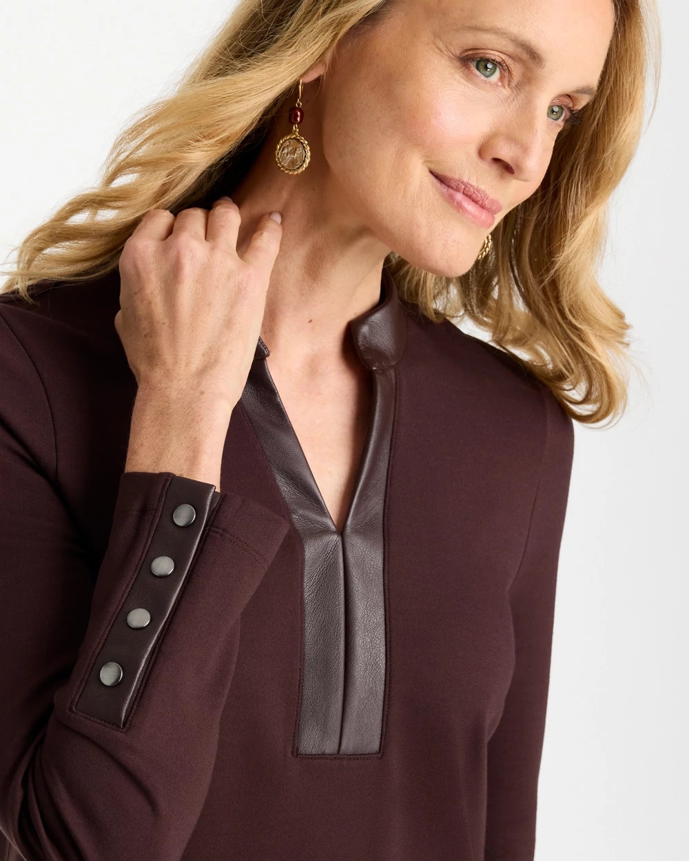 Ponte Knit Faux Leather-Trim Tunic