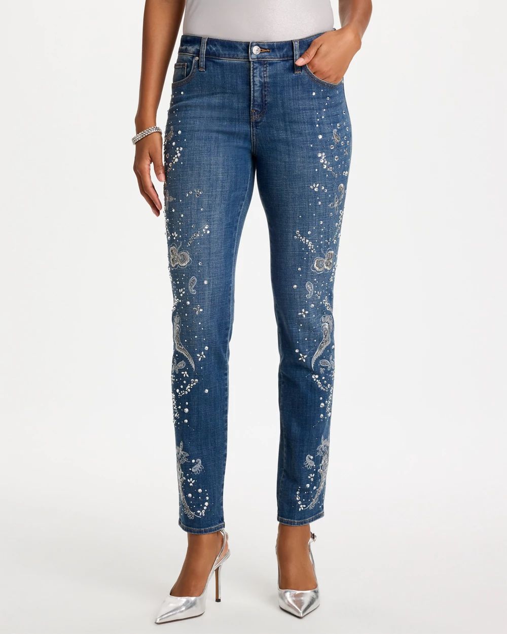 Faux Diamond Embellished Girlfriend Slim Ankle Jeans click to view larger image.