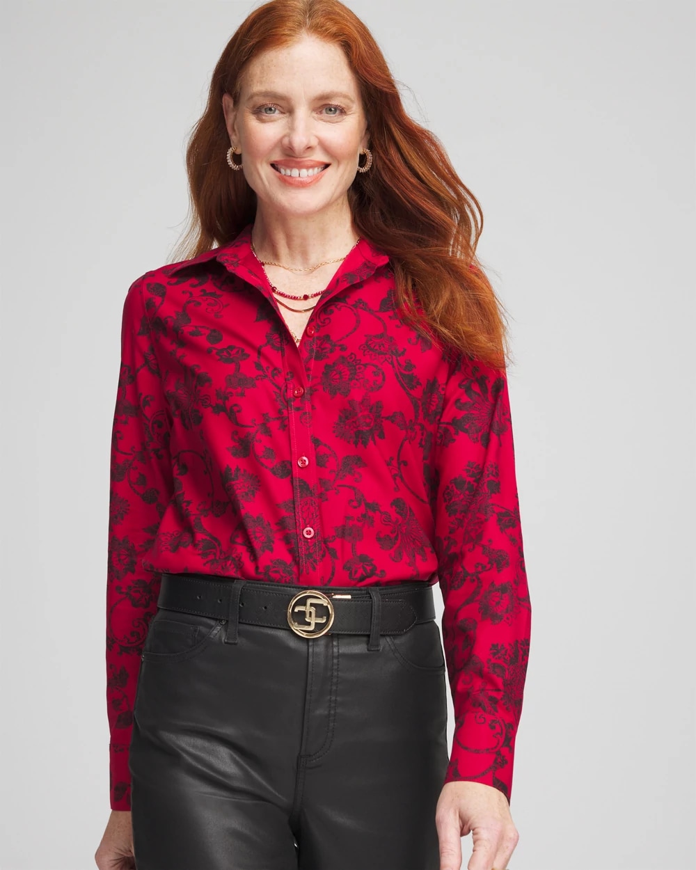 No Iron Red & Black Floral Shirt | Chico's No Iron Red & Black Floral Shirt | Chico's