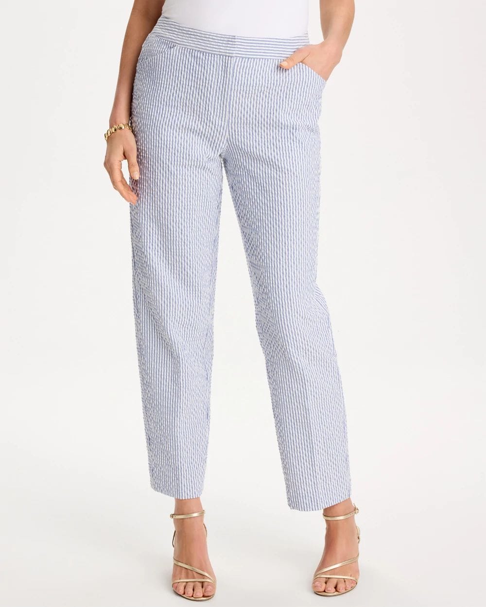 Striped Seersucker Straight Ankle Pants