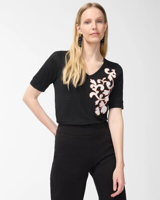 Shirred Back Embroidered Linen Tee