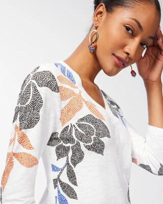Leaf Print 3/4 Sleeve Slub Tee