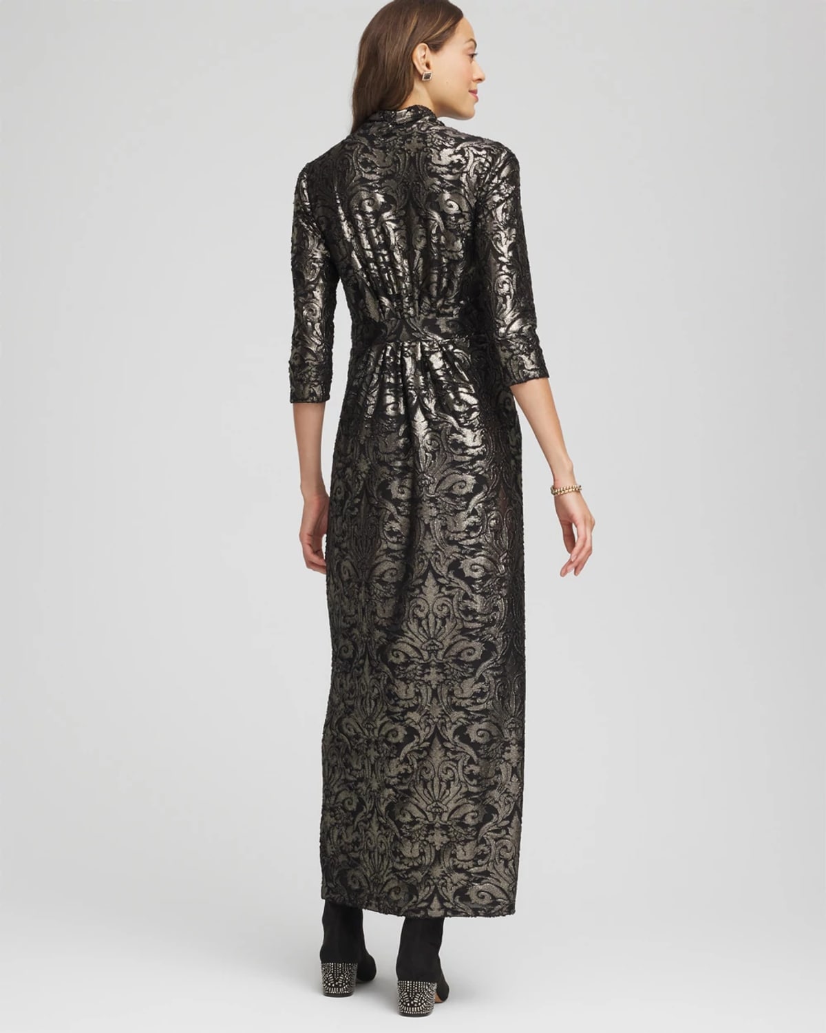 Chico's Petite Foiled Knit Pleated Maxi Dress In Black In Black