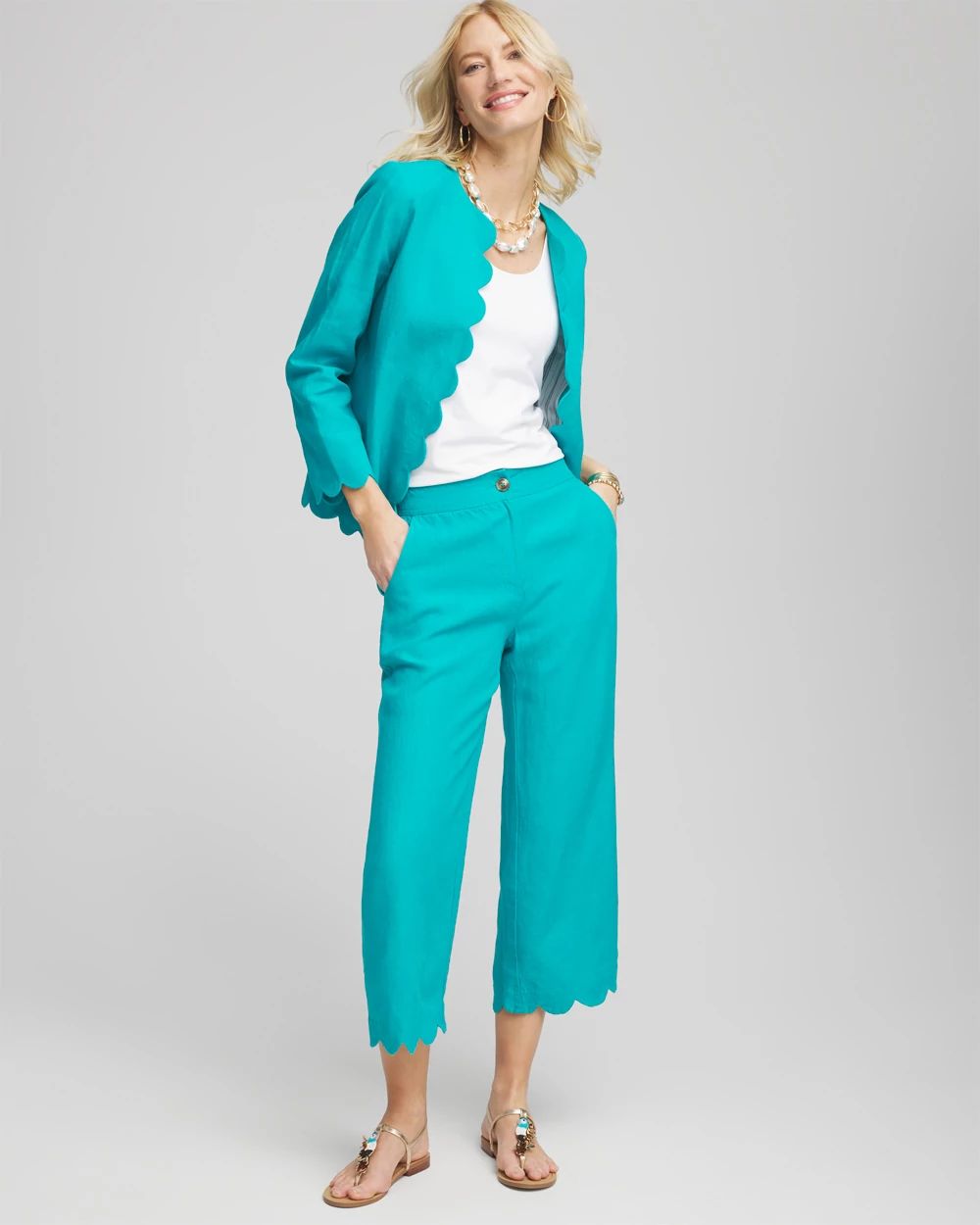 Linen Scallop Hem Crop Pants
